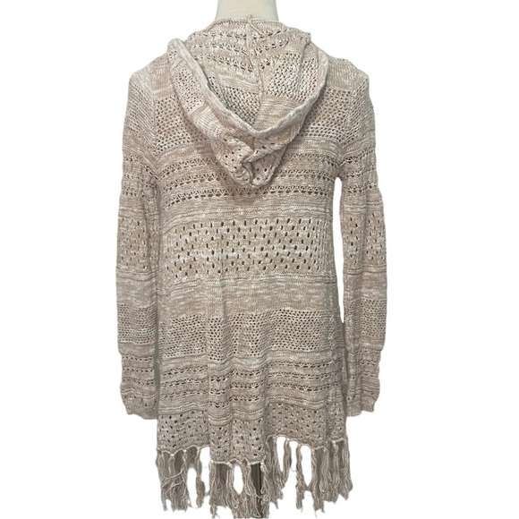 Mudd Open-Work Marled Birch Fringe Hoodie Cardigan Boho Crocheted Jacket Size M - Picture 5 of 7